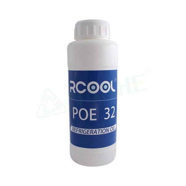 Bottle of Rcool POE 32 refrigeration oil, 500ML, used for HVAC systems, with a blue and white label.